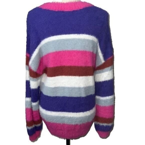 Kori Fuzzy Multicolor Striped Sweater Womens Size Medium Soft Warm Cozy - Picture 2 of 11